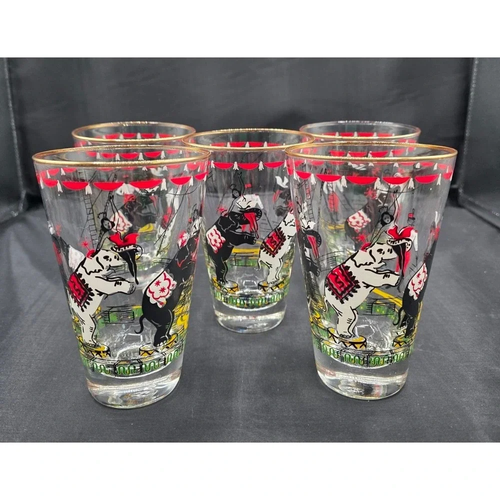 Vintage Set (5) Libbey Day at the Circus Highball Glass 12oz 1950s MCM Elephant